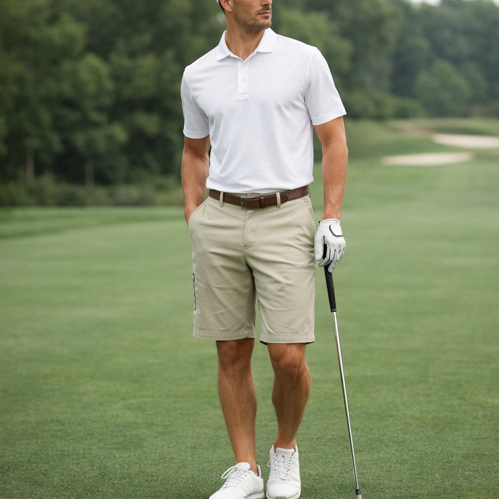 Greg Norman Shark Golf Shorts Men’s 36 Khaki Performance Stretch Luxury Athletic